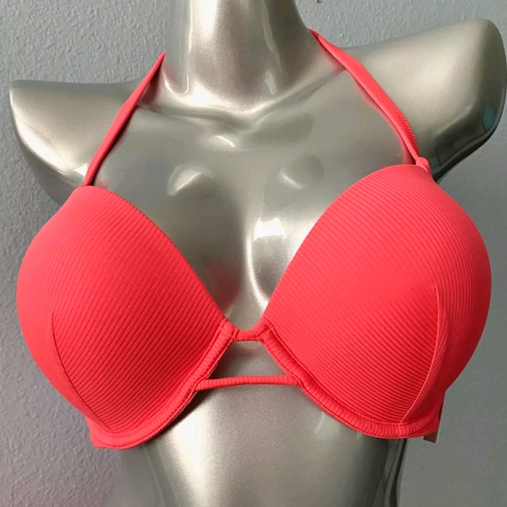 Victorias Secret Nwt Swim Bikini Bombshell +2 Cups Top Coral Blaze Ribbed